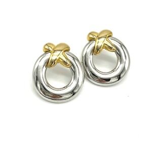 Statement Earrings Two Tone‎ Gold Silver Toned Round Circle Post Chunky Costume